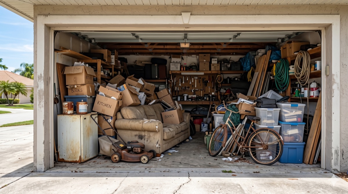 Cluttered garage before Florida Junkers